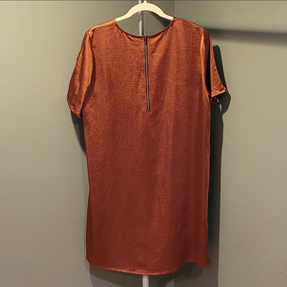 Lilla P Women's Satin Short Sleeve Mini Shirt Dress, Size L, Copper Rust - Picture 2 of 4